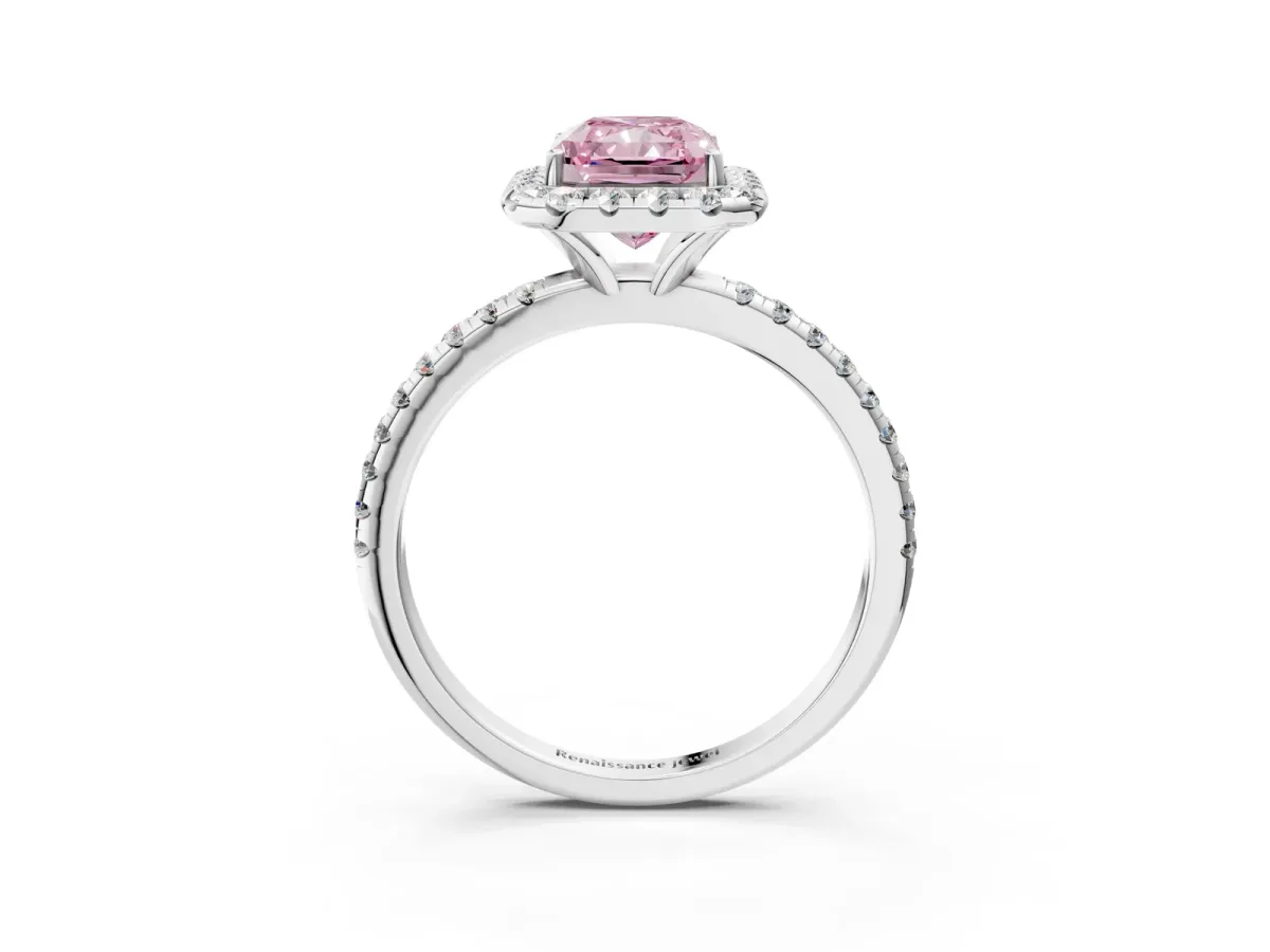 Fancy Pink Radiant Cut Diamond Halo Engagement Ring with Round Pavé Band and Prong Setting Platinum