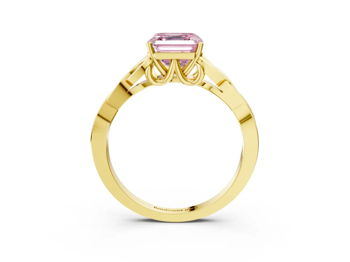 Fancy Pink Asscher Cut Diamond Solitaire Engagement Ring with Celtic Knot Band and Four-Prong Setting Yellow gold