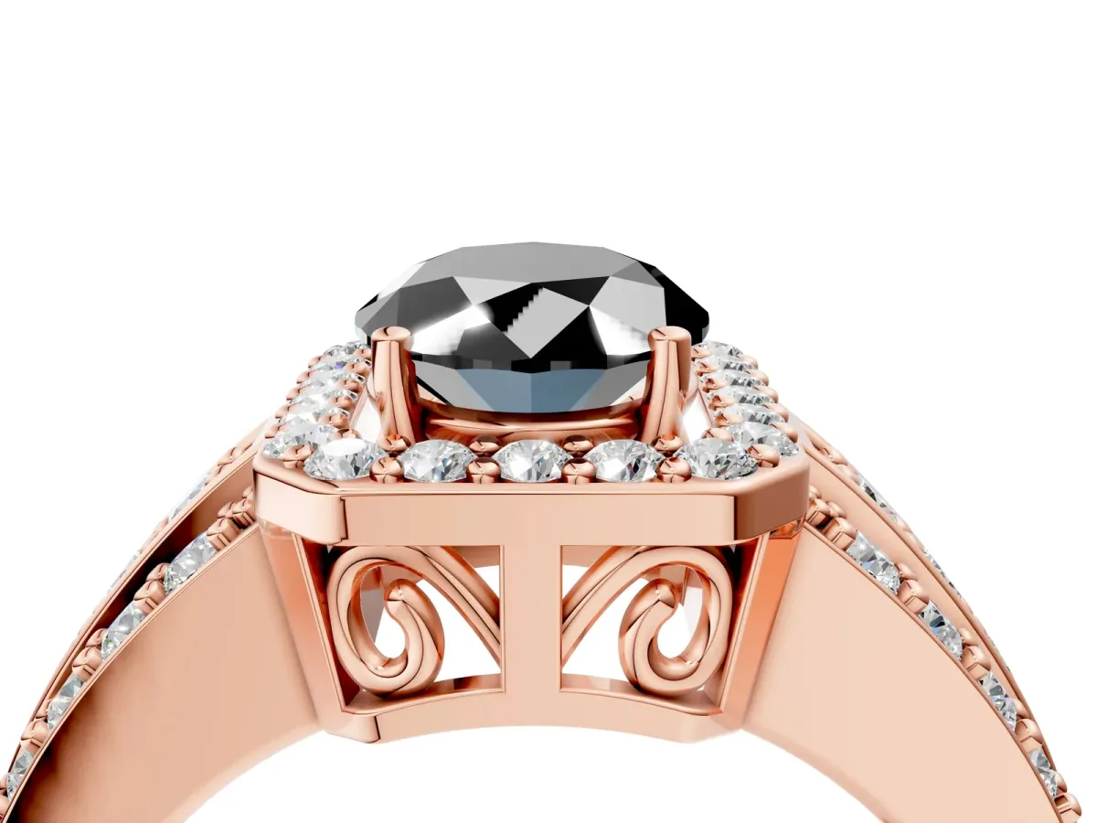 Fancy Black Oval Cut Halo Diamond Ring with Round Split Shank and Prong Setting Rose gold