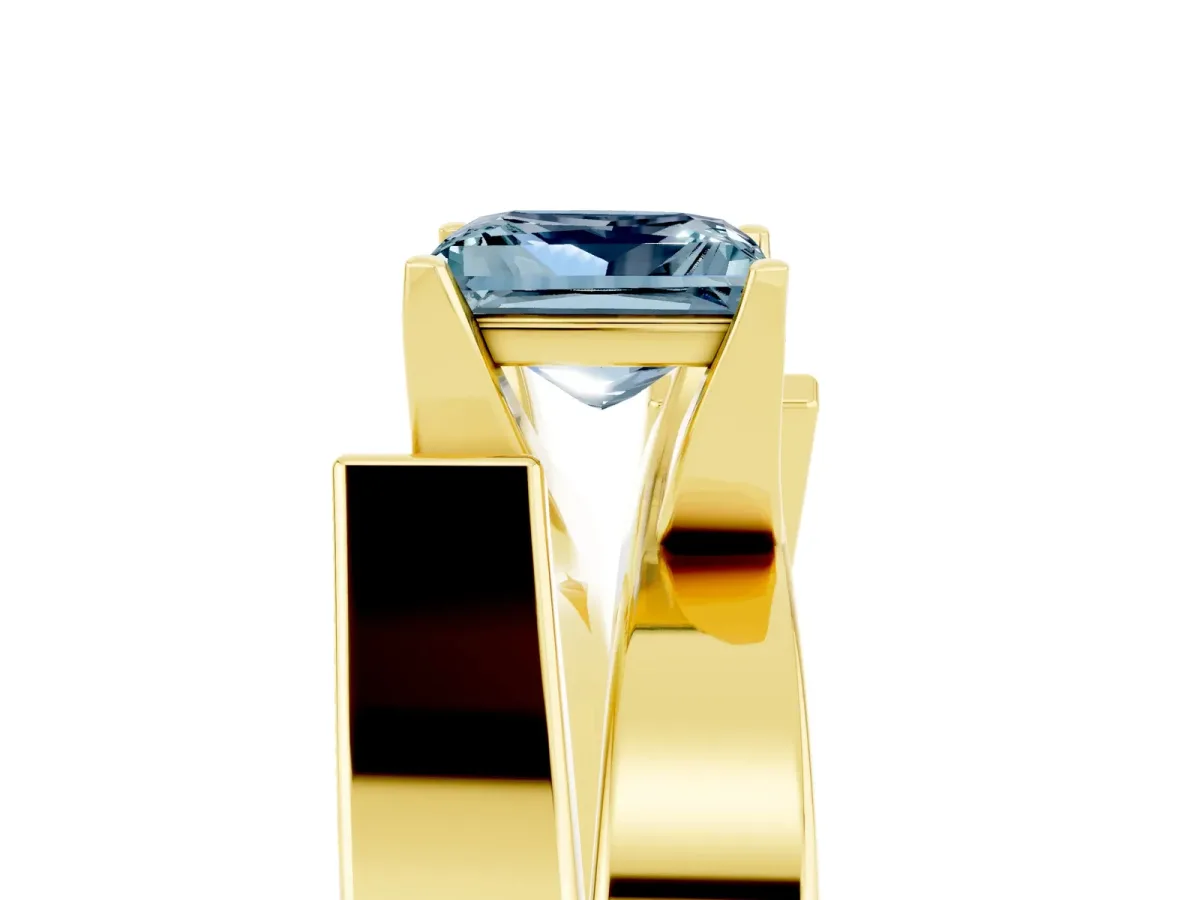 Modern Tension Set Princess Cut Aquamarine Solitaire Wide Band Ring Yellow gold