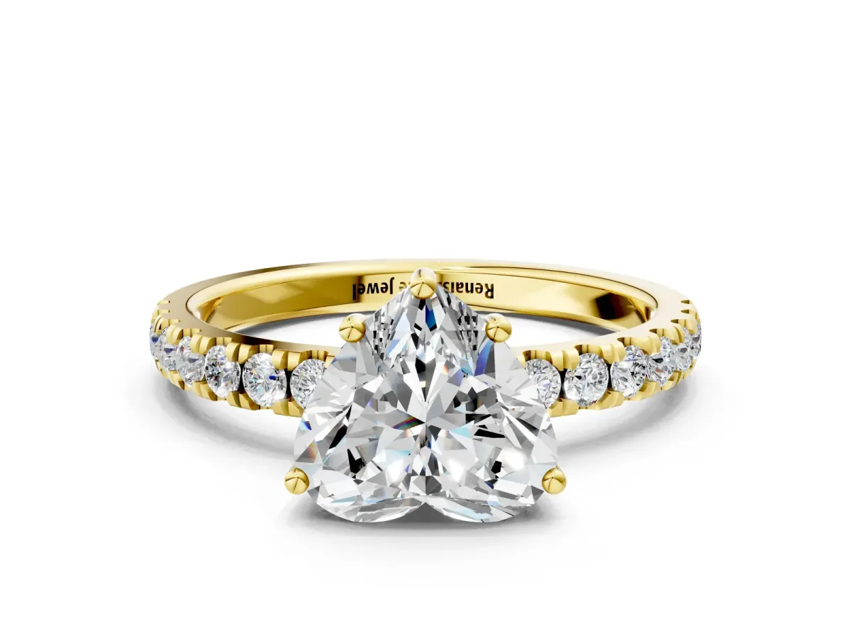 Heart Cut Diamond Pave Band Solitaire Ring with Round Moissanite and Prong Setting Yellow gold