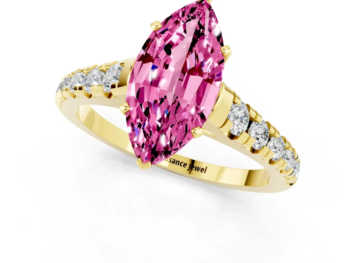 Marquise Cut Pink Sapphire Cathedral Solitaire Ring with Round Pavé Band Yellow gold