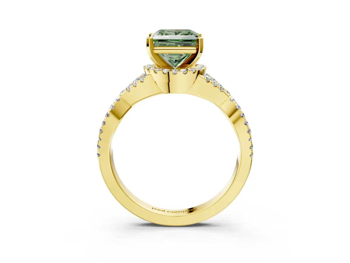 Fancy Green Princess Cut Diamond Halo Twist Band Solitaire Prong Setting Ring Yellow gold