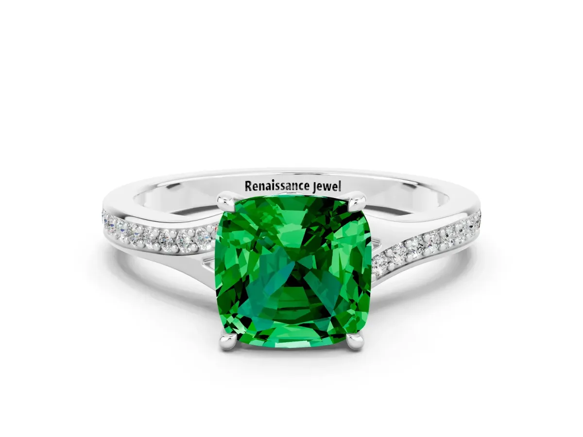 Cushion Cut Emerald Solitaire Ring with Pavé Band and Prong Setting Silver