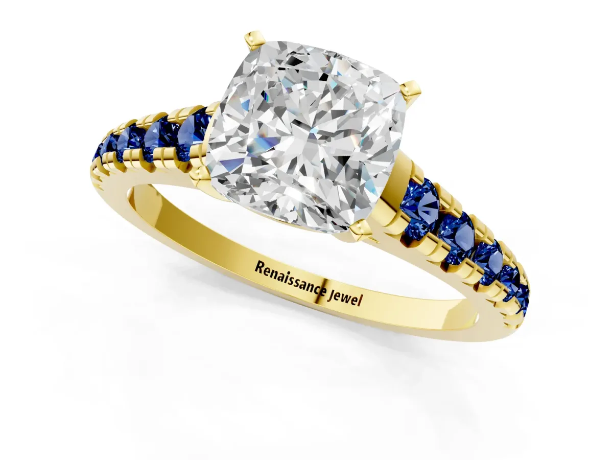 Cushion Cut Diamond Cathedral Solitaire Ring with Round Blue Sapphire Pavé Band Yellow gold