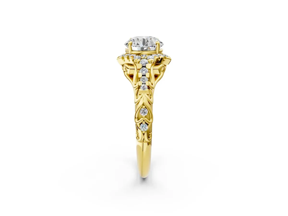 Round Cut Diamond Solitaire Ring with Hidden Halo and Pavé Band Yellow gold