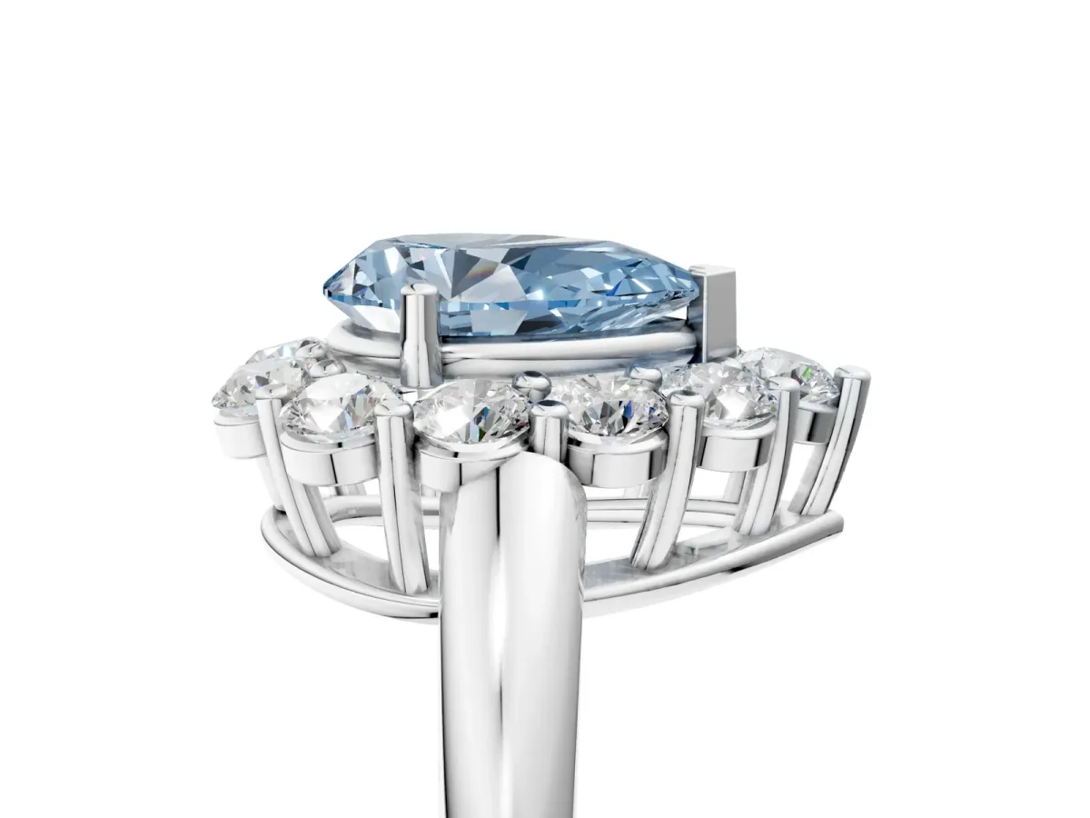 Fancy Blue Pear Cut Halo Cluster Diamond Engagement Ring with Prong Setting and Polished Band White gold
