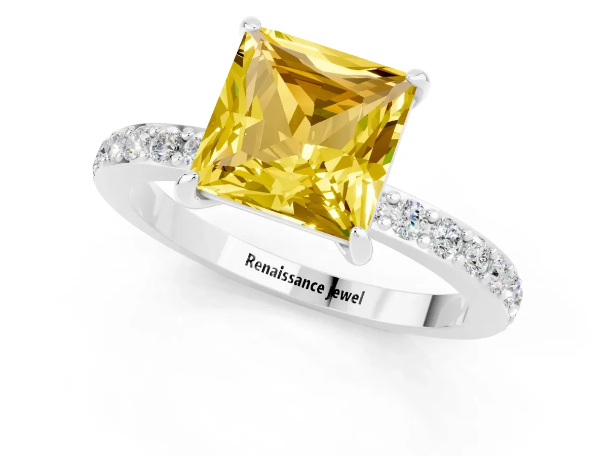 Princess Cut Yellow Sapphire Solitaire Engagement Ring with Pavé Band and Four-Prong Setting White gold