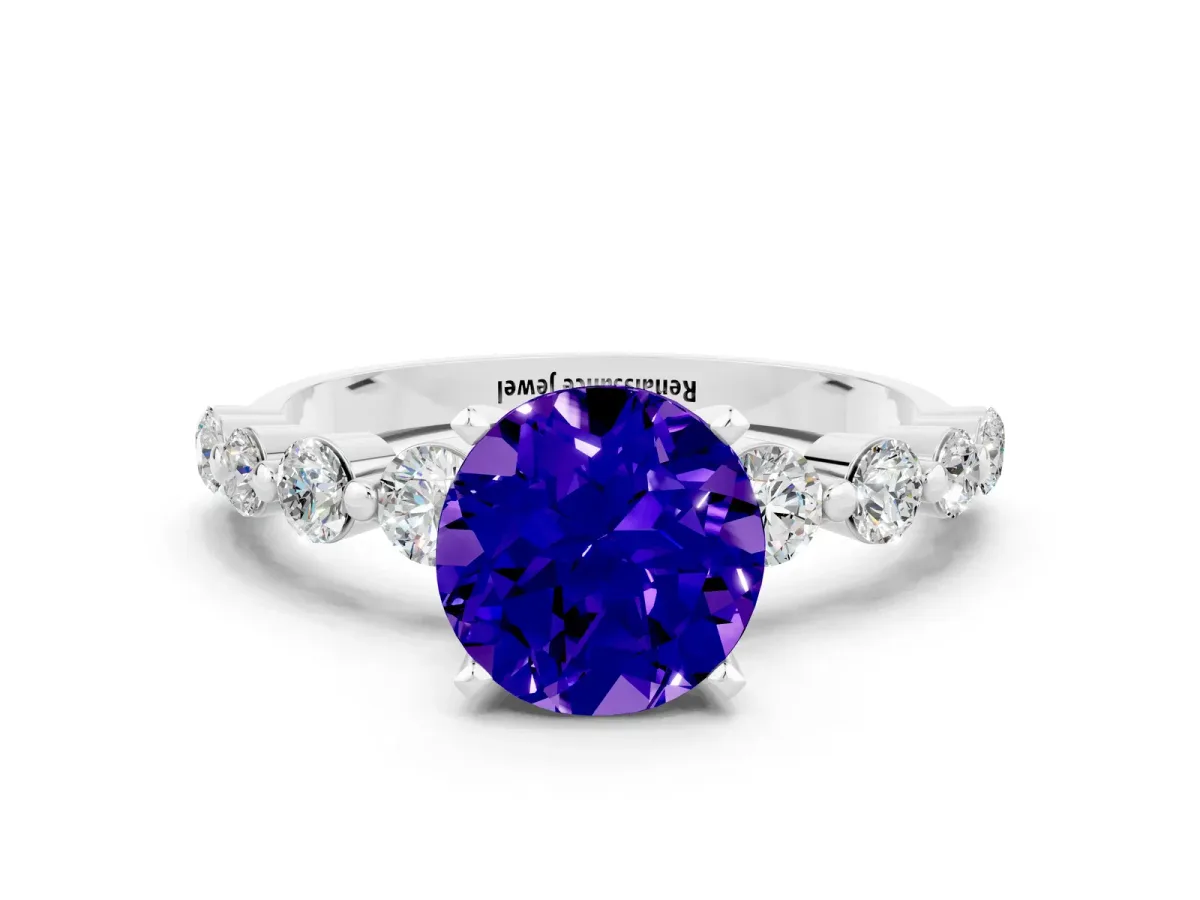 Round Cut Solitaire Tanzanite Ring with Pave Band and Four-Prong Setting Silver