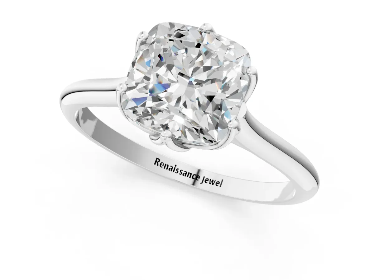 Cushion Cut Solitaire Cathedral Diamond Ring with Six-Prong Setting Silver