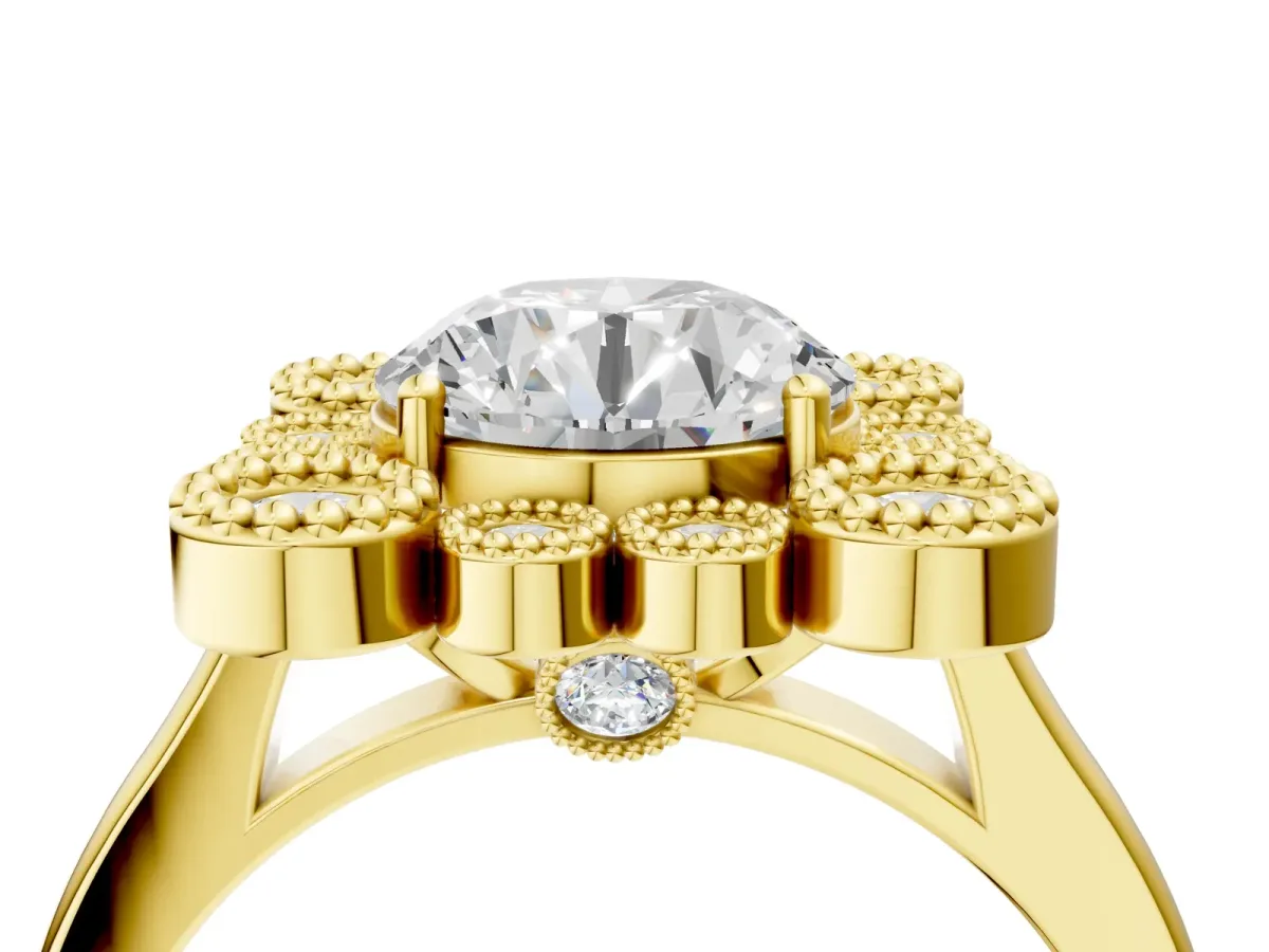 Round Cut Halo Diamond Cluster Engagement Ring with Milgrain Bezel Setting and Solitaire Band Yellow gold