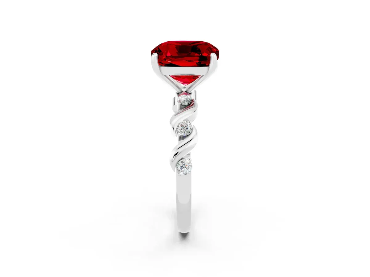 Cushion Cut Ruby Solitaire Twisted Band with Round Accents and Prong Setting Platinum