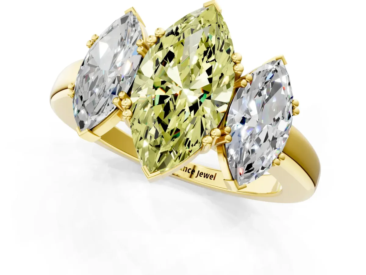 Fancy Yellow Three-Stone Marquise Cut Cut Diamond Ring with Channel Set Band and Four-Prong Setting Yellow gold