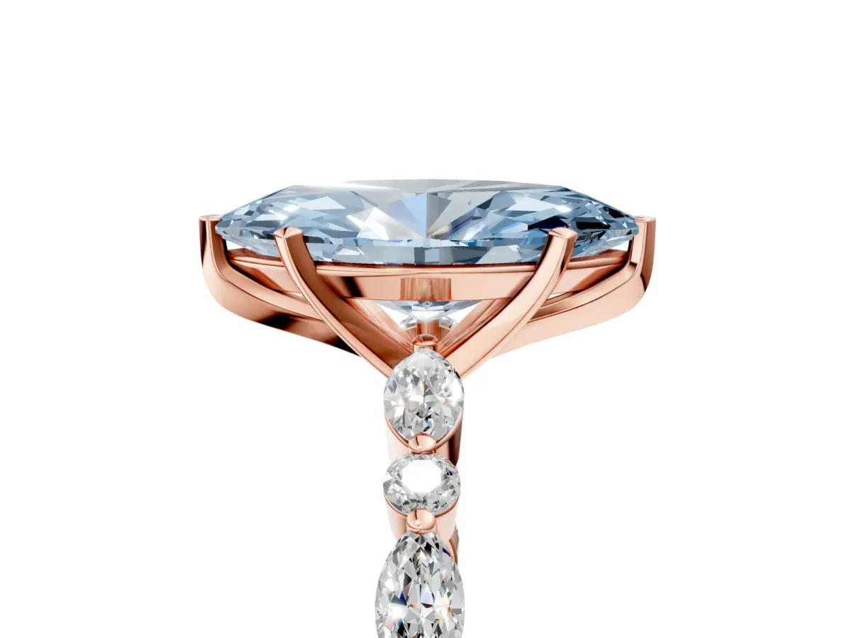 Fancy Blue Marquise Cut Diamond Ring with Marquise and Round Side Stones and Four-Prong Setting Rose gold