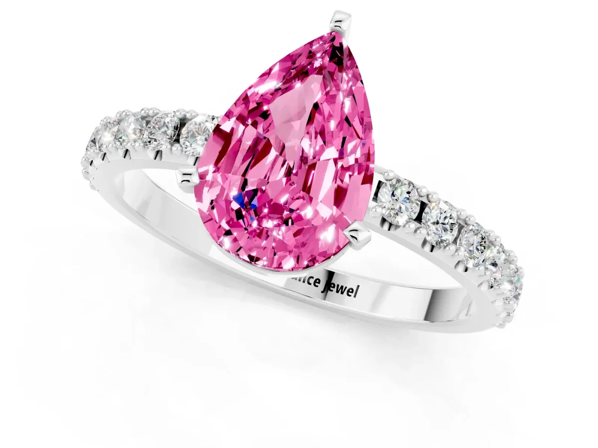 Pear Cut Pink Sapphire Solitaire Pavé Band with Four-Prong Setting Silver