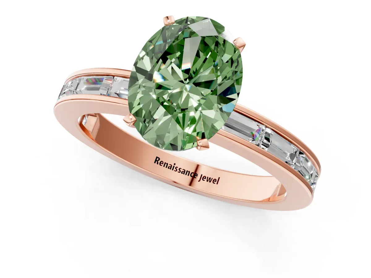 Fancy Green Oval Cut Solitaire Diamond Ring with Channel-Set Baguette Band and Four-Prong Setting Rose gold