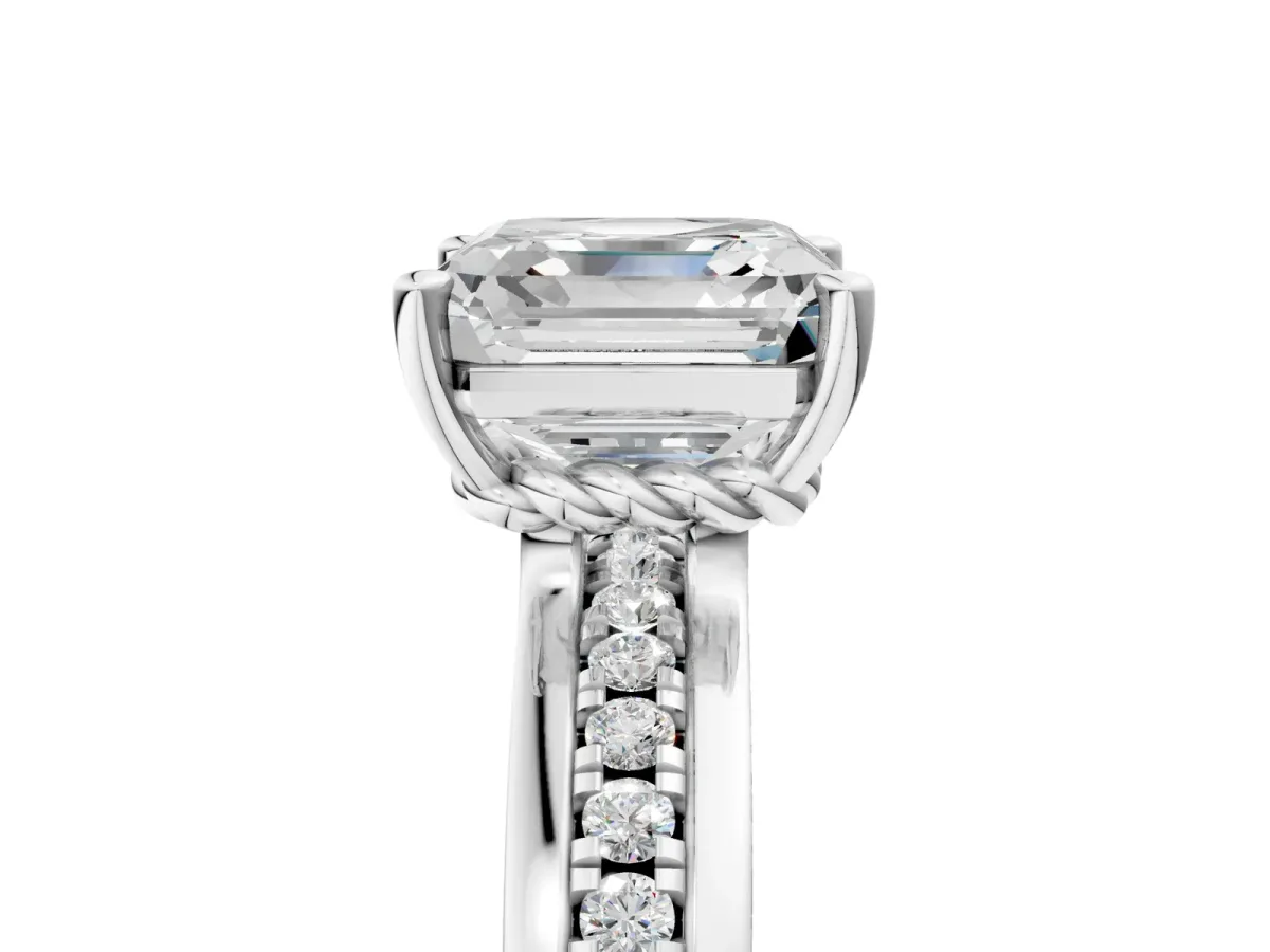 Asscher Cut Solitaire Diamond Ring with Channel Set Band and Six-Prong Setting Platinum