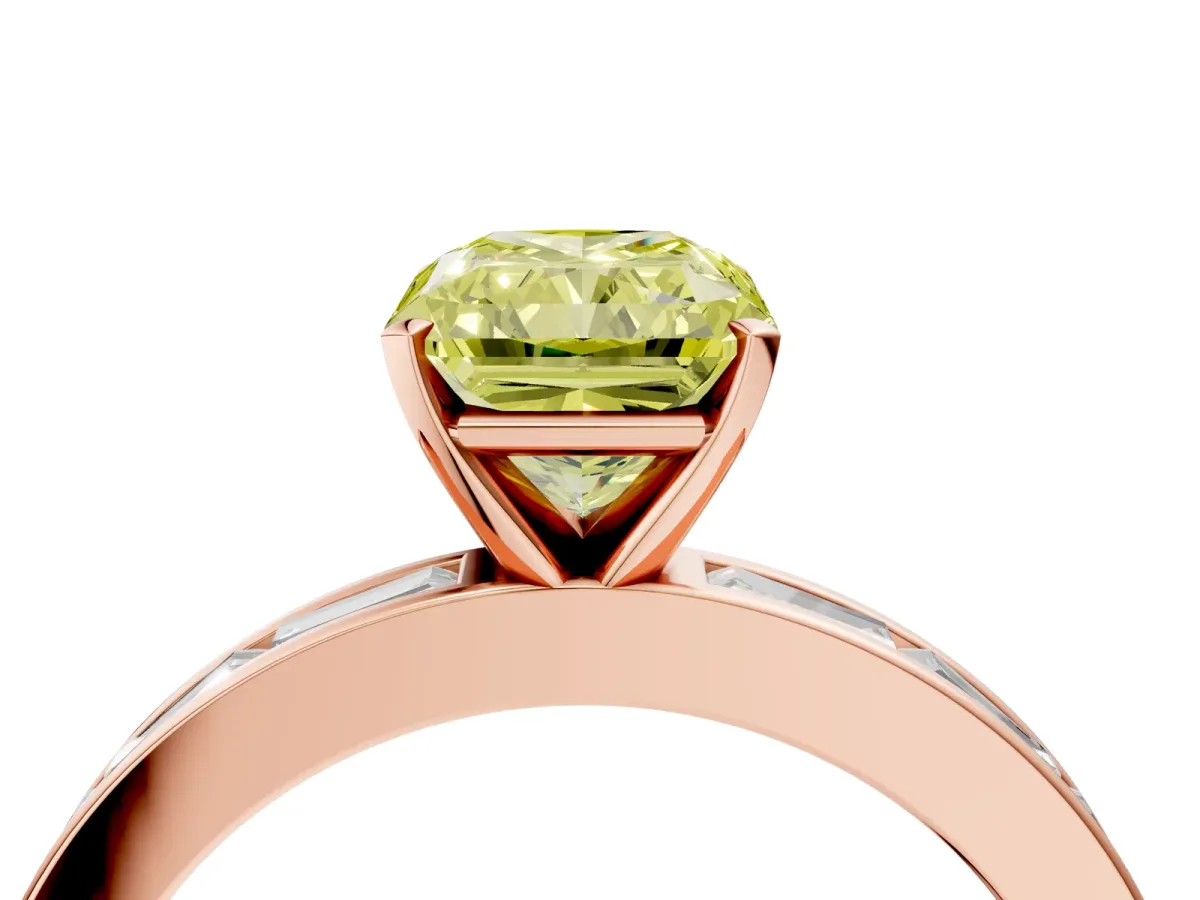 Fancy Yellow Radiant Cut Solitaire Diamond Ring with Channel-Set Baguette Band and Four-Prong Setting Rose gold
