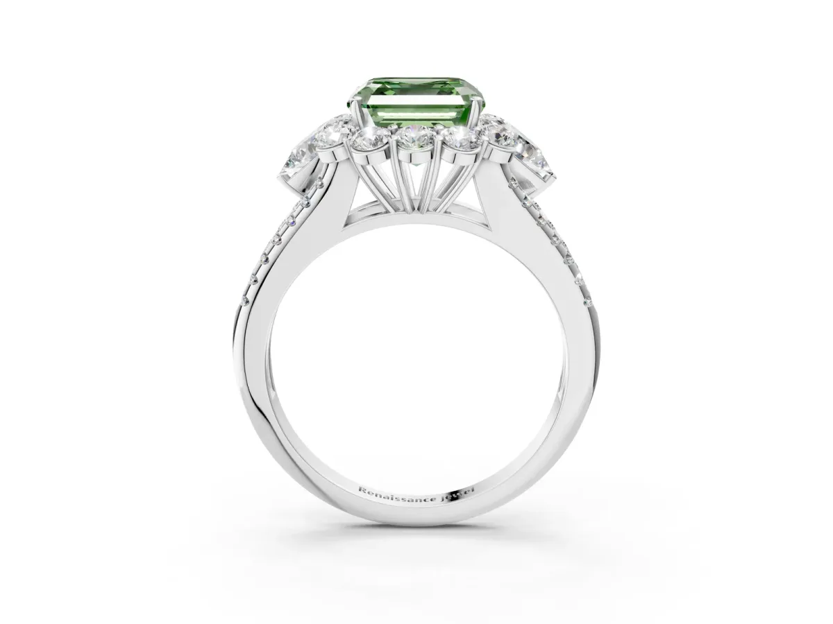 Fancy Green Asscher Cut Halo Split Shank Diamond Engagement Ring with Prong Setting Platinum