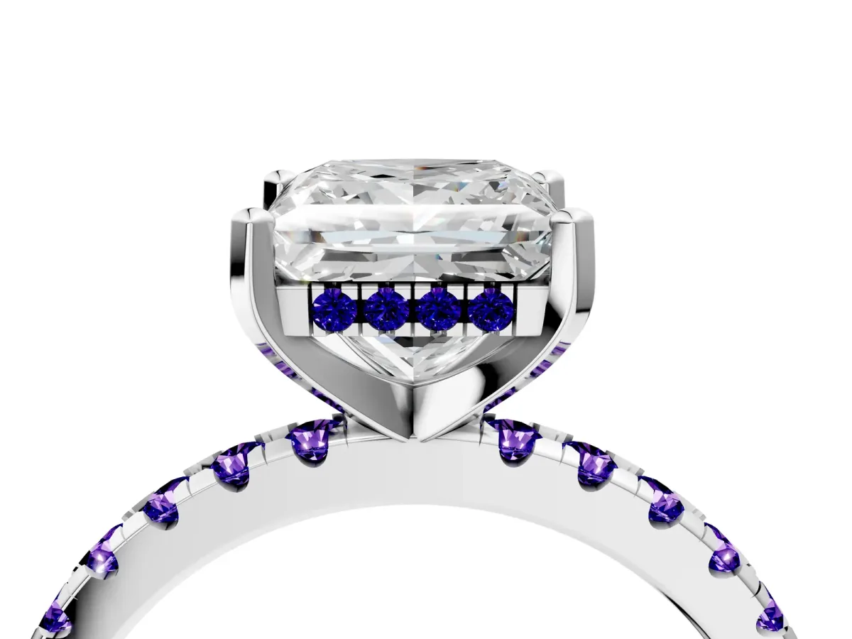Princess Cut Diamond Solitaire Ring with Round Tanzanite Pavé Band and Four-Prong Setting White gold