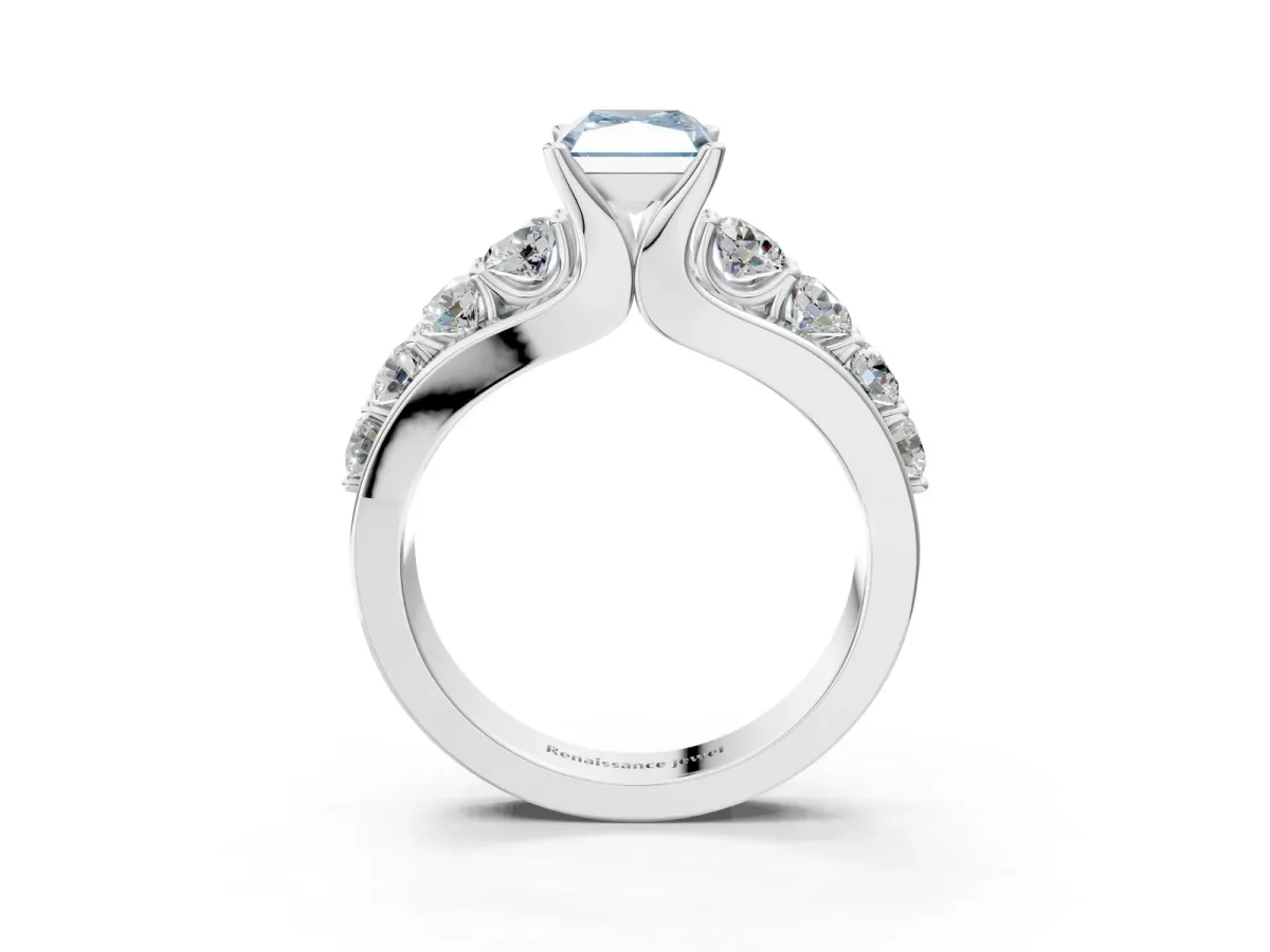 Fancy Blue Radiant Cut Brilliant Solitaire with Side Stones on a Pave Band and Four-Prong Setting Platinum