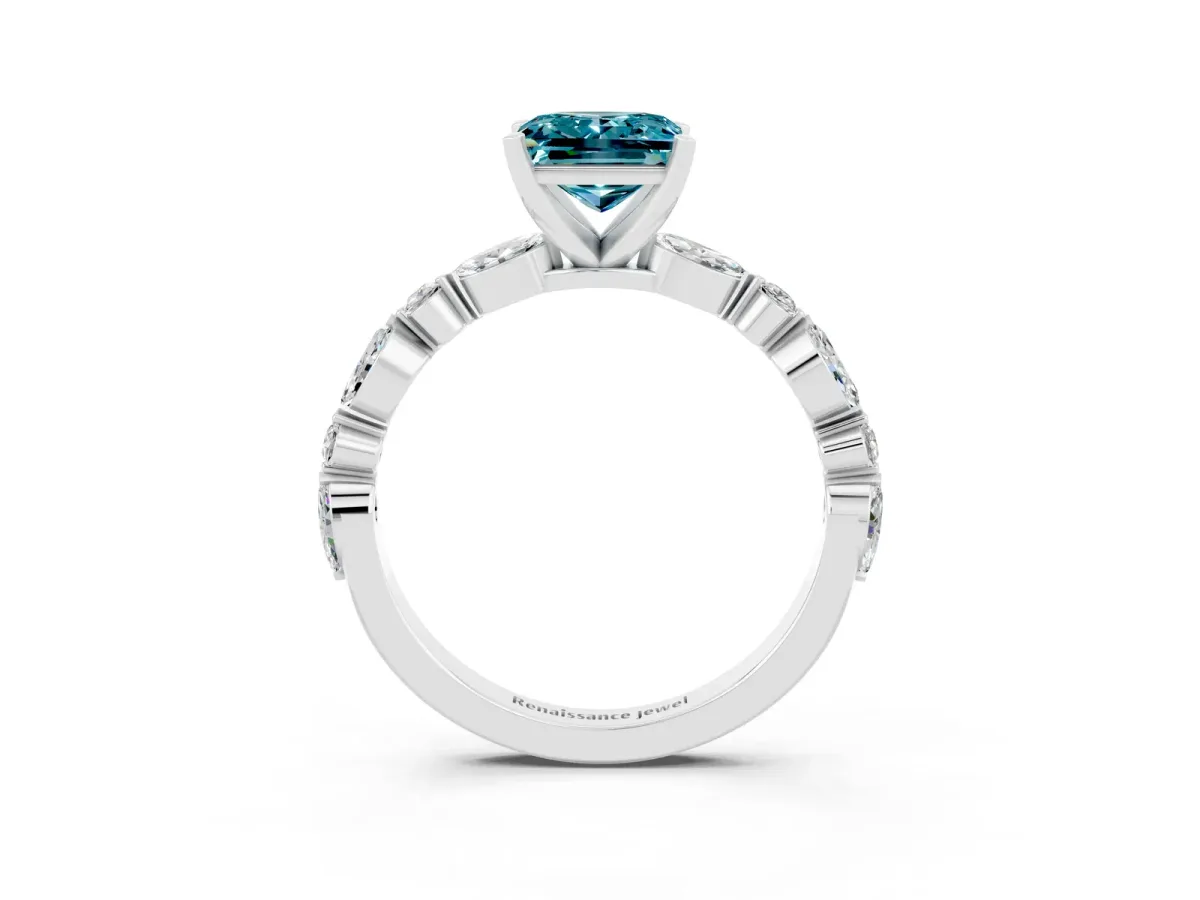Princess Cut Blue Topaz Ring with Marquise and Round Side Stones and Four-Prong Setting White gold