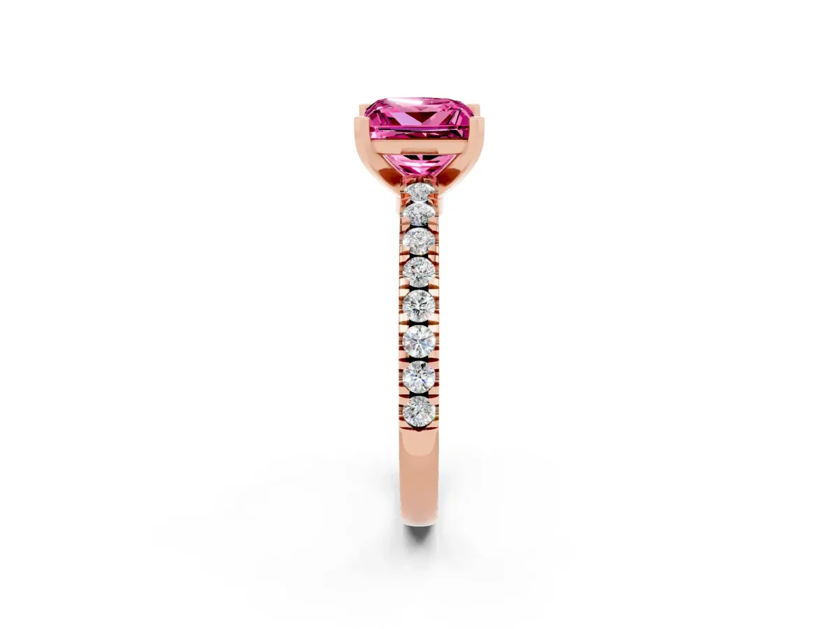 Princess Cut Solitaire Pink Sapphire with Pavé Band and Four-Prong Setting Rose gold