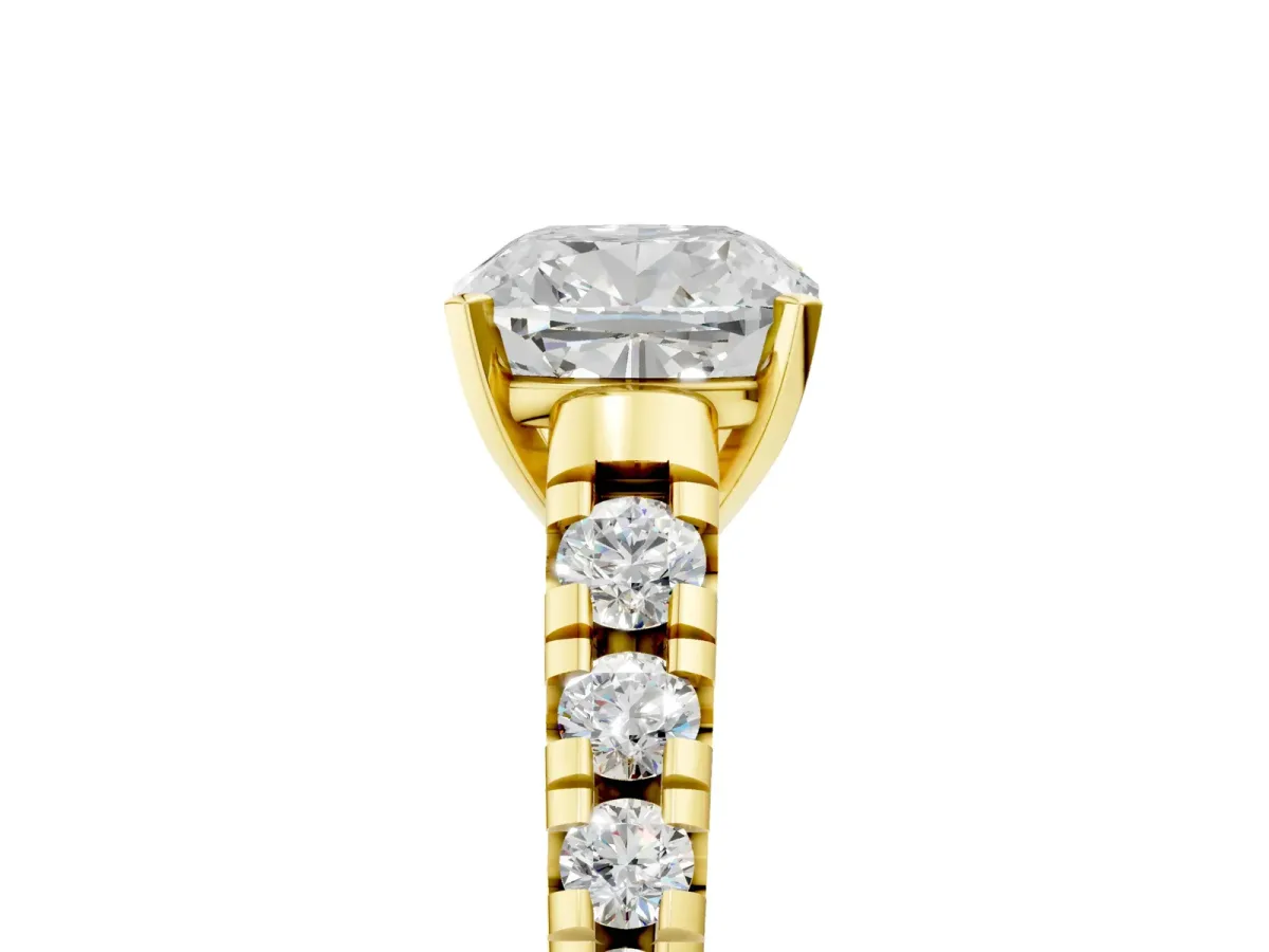 Cushion Cut Diamond Cathedral Solitaire Ring with Round Moissanite Pavé Band Yellow gold