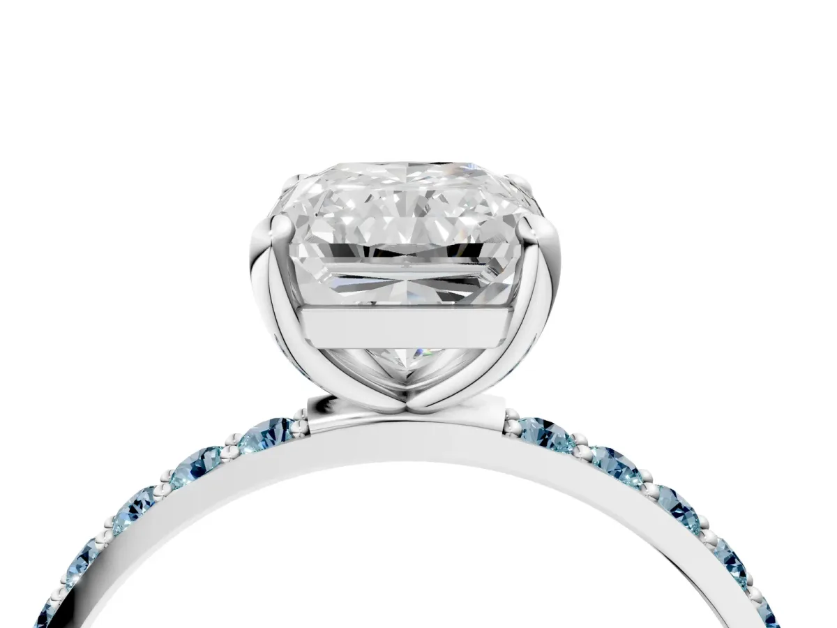 Radiant Cut Diamond Solitaire Ring with Round Aquamarine Pavé Band and Prong Setting White gold