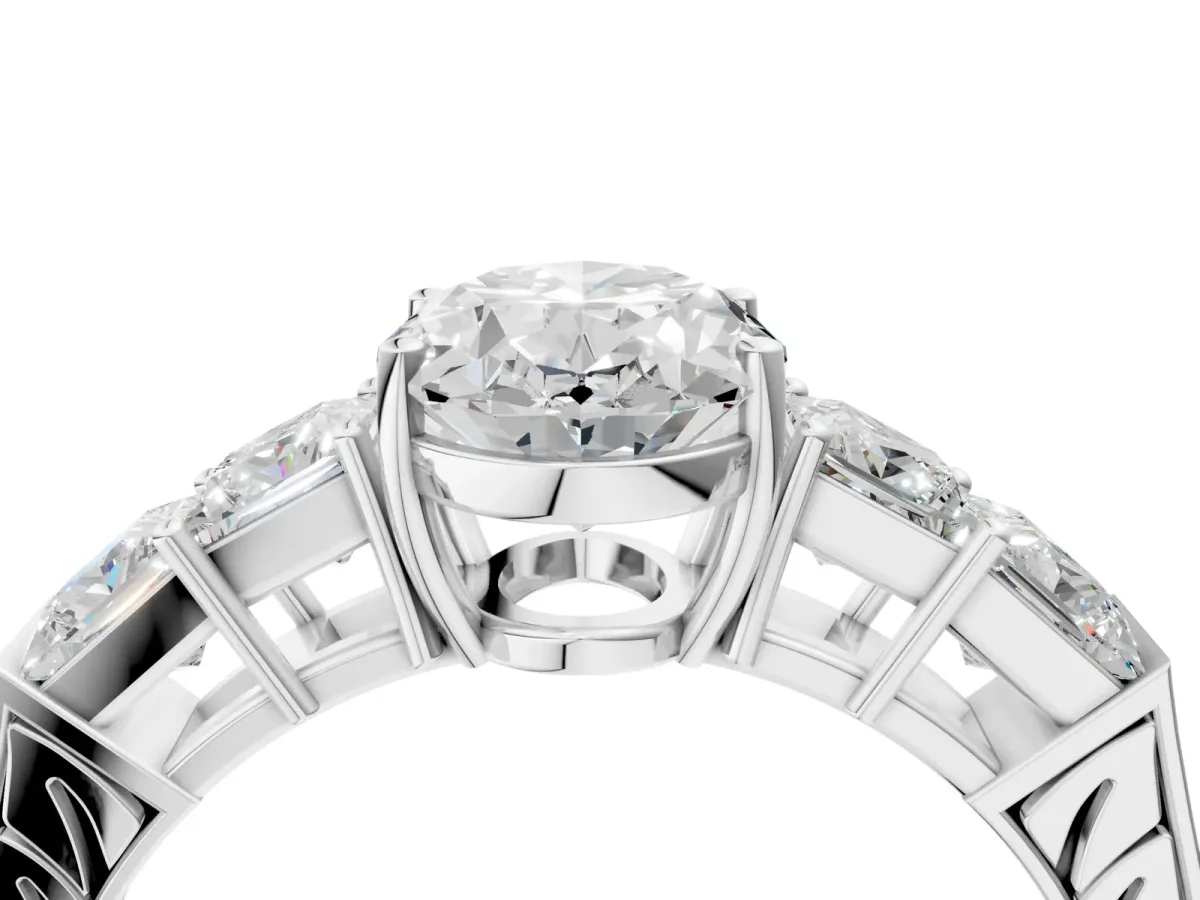 Oval Cut Solitaire Princess Side Stone Engraved Band Prong Setting Ring White gold