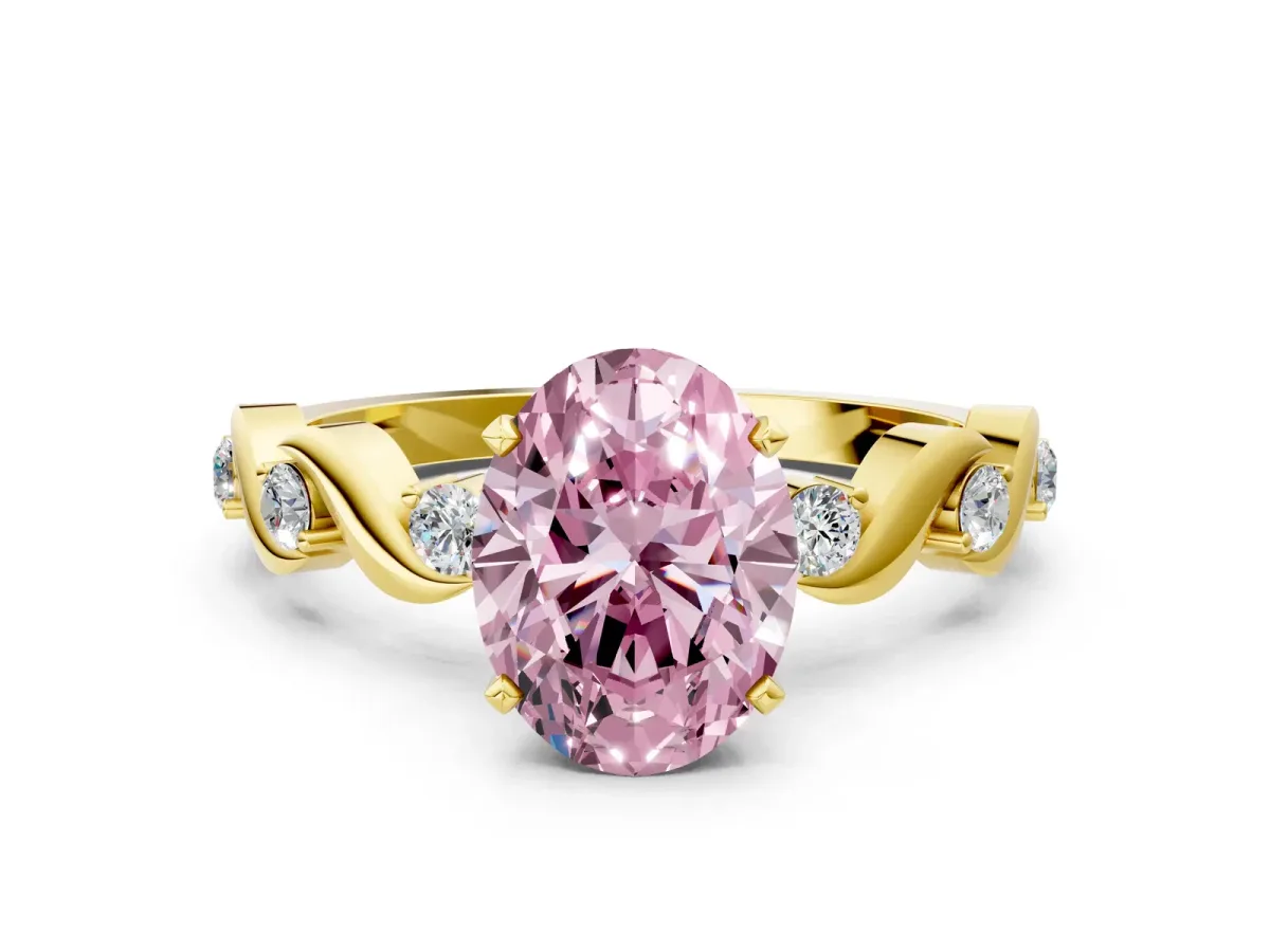 Fancy Pink Oval Cut Diamond Solitaire Twisted Band with Round Accents and Prong Setting Yellow gold