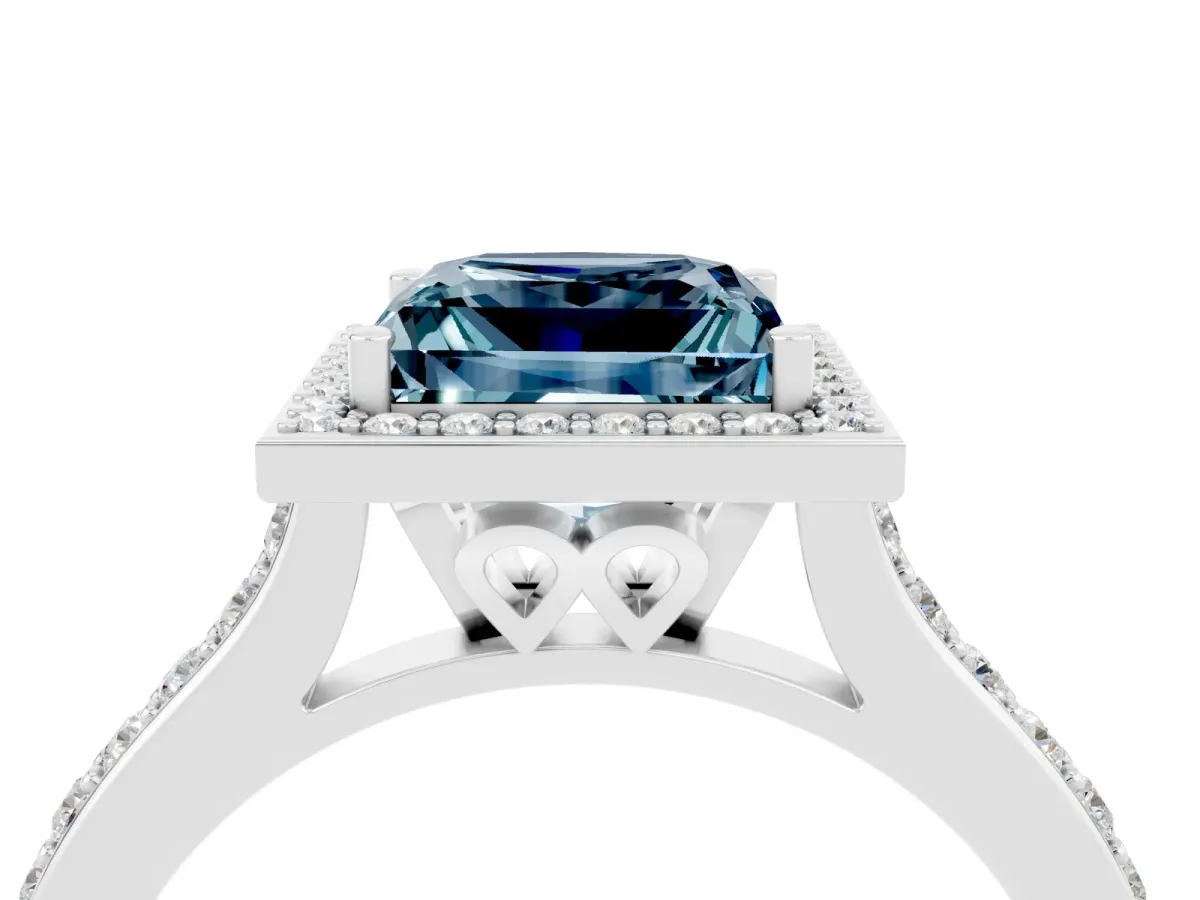 Princess Cut Aquamarine Halo Engagement Ring with Round Pavé Shoulders and Prong Setting Silver