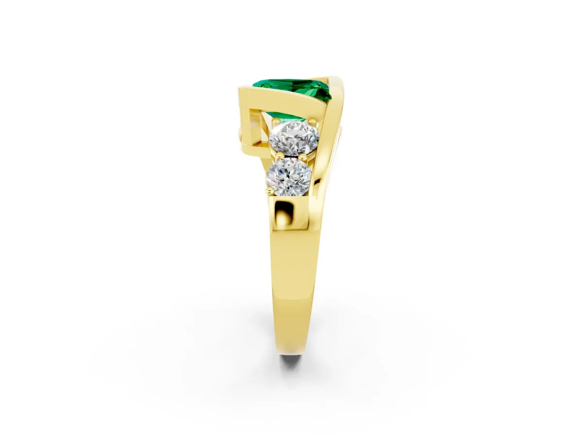 Bezel Set Princess Cut Emerald Bypass Ring with Round Accents Yellow gold