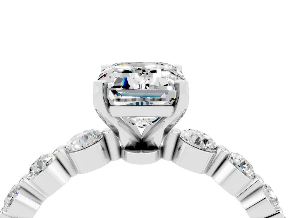 Emerald Cut Solitaire Moissanite Ring with Pave Band and Four-Prong Setting Silver