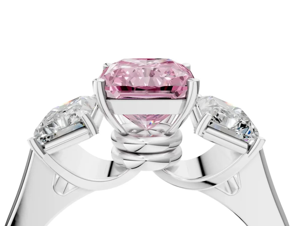Fancy Pink Three-Stone Radiant Cut Brilliant Diamond Trellis Ring with Comfort Fit Band Platinum