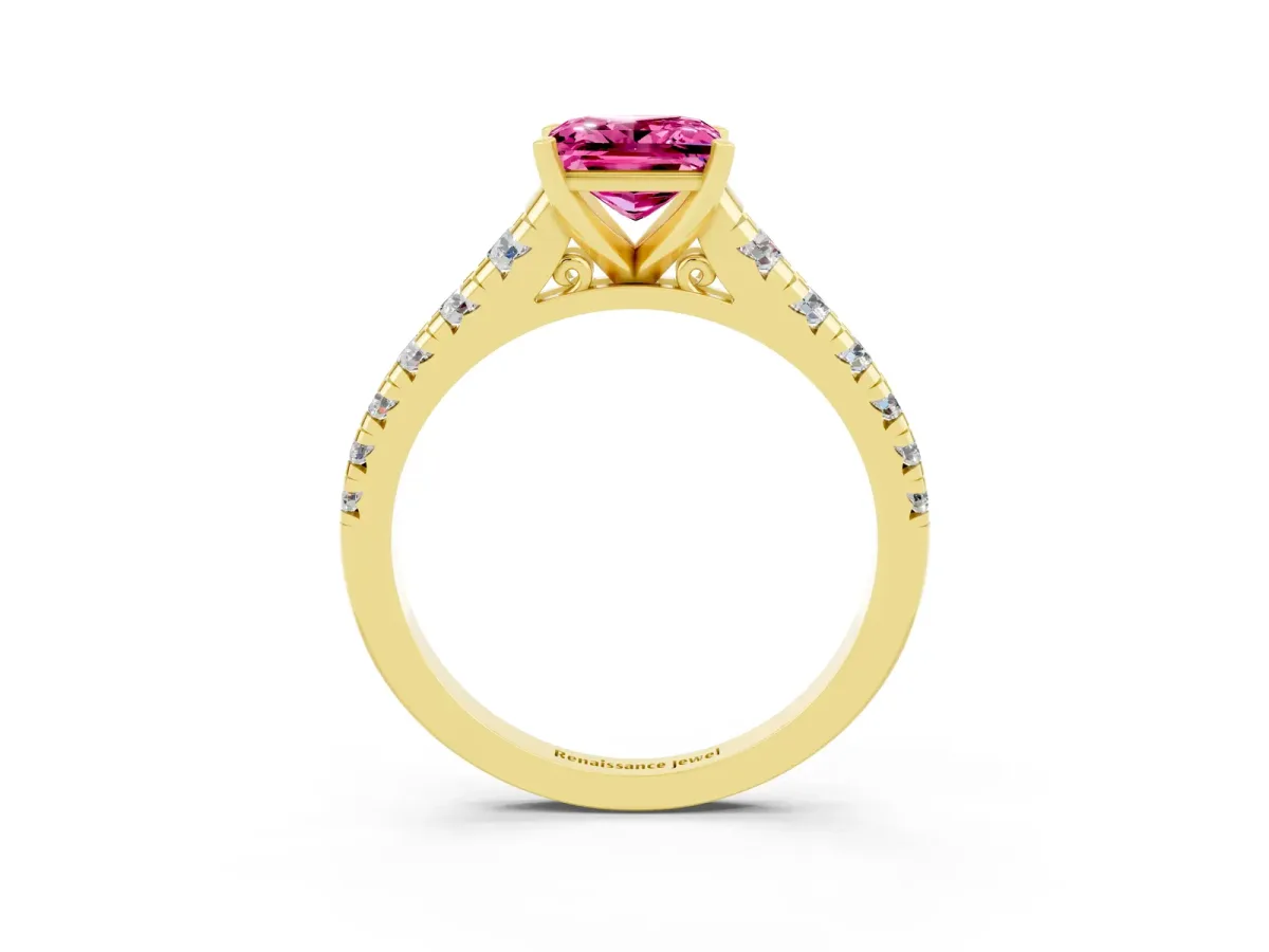 Princess Cut Pink Sapphire Cathedral Solitaire Ring with Round Pavé Band Yellow gold