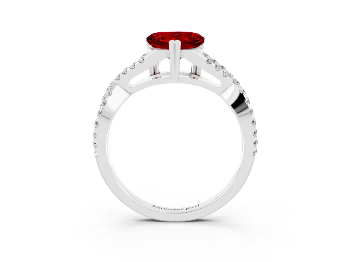 Heart Cut Ruby Solitaire Ring with Four-Prong Setting and Twisted Pavé Band Silver