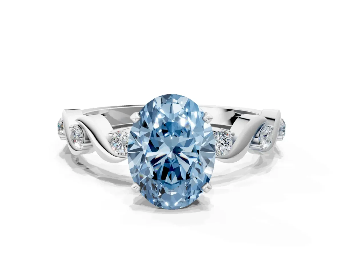 Fancy Blue Oval Cut Diamond Solitaire Twisted Band with Round Accents and Prong Setting Silver