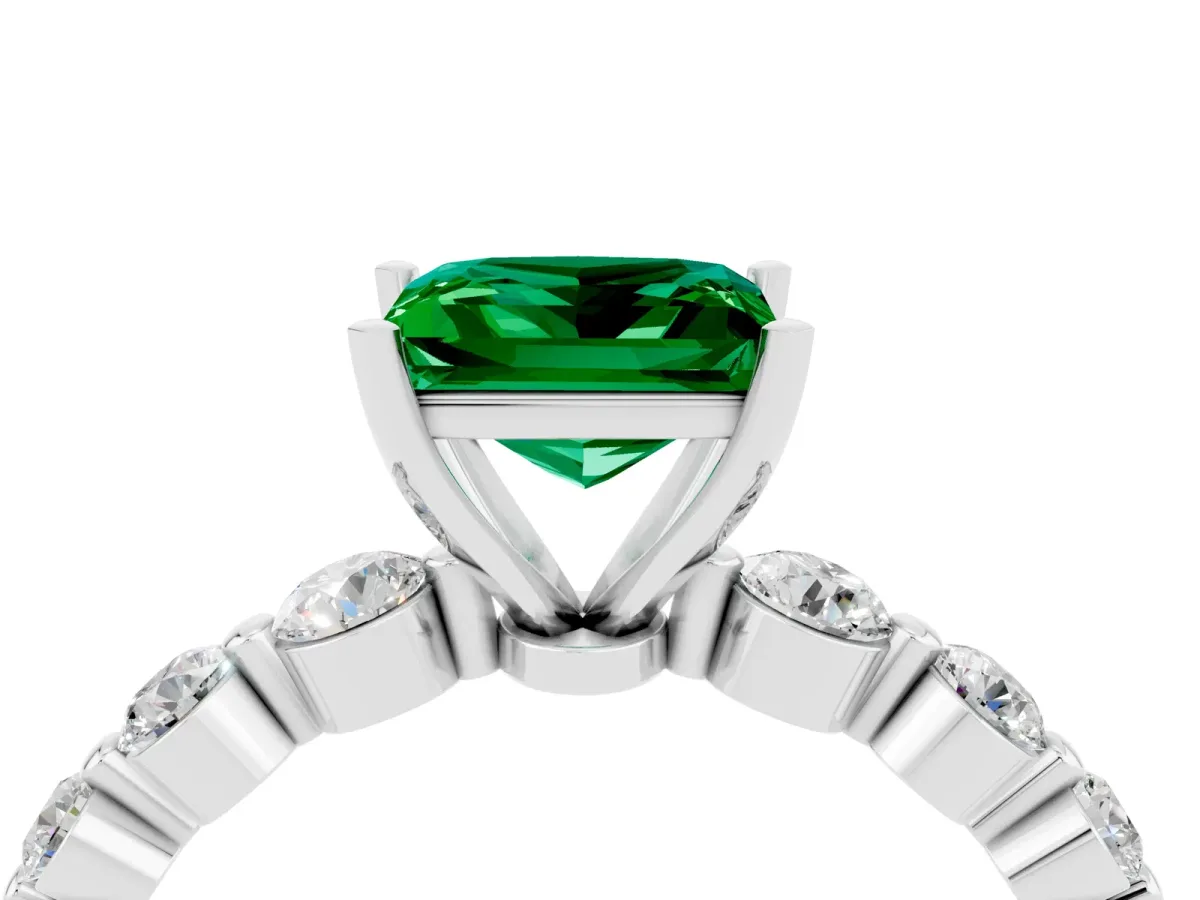 Princess Cut Solitaire Emerald Ring with Pave Band and Four-Prong Setting Silver