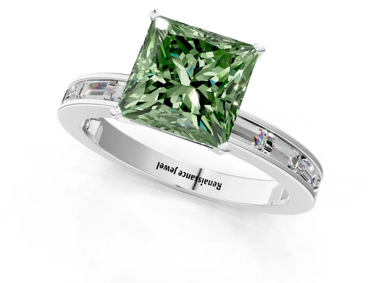 Fancy Green Princess Cut Solitaire Diamond Ring with Channel-Set Baguette Band and Four-Prong Setting White gold