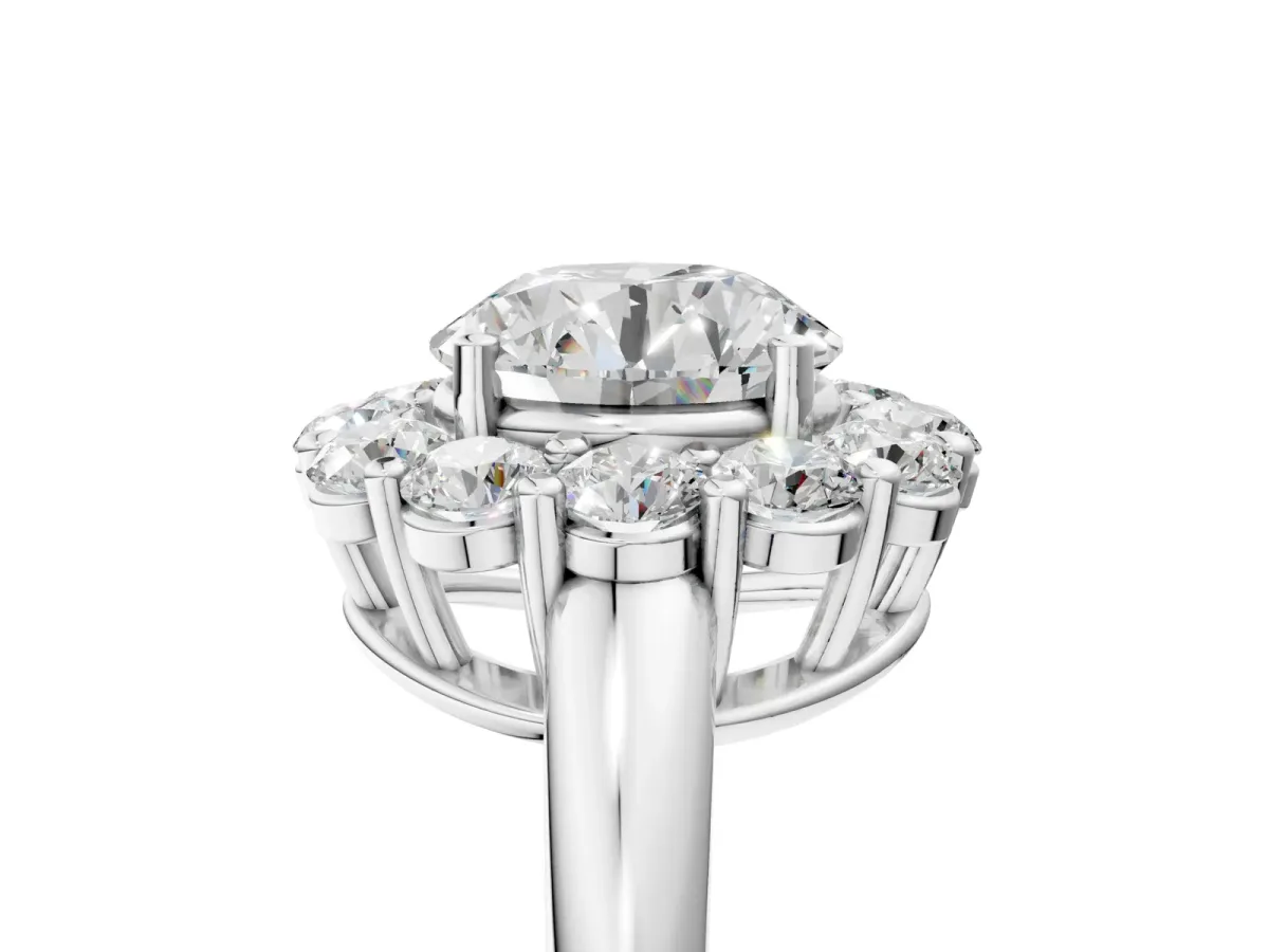 Round Cut Halo Cluster Diamond Engagement Ring with Prong Setting and Polished Band White gold