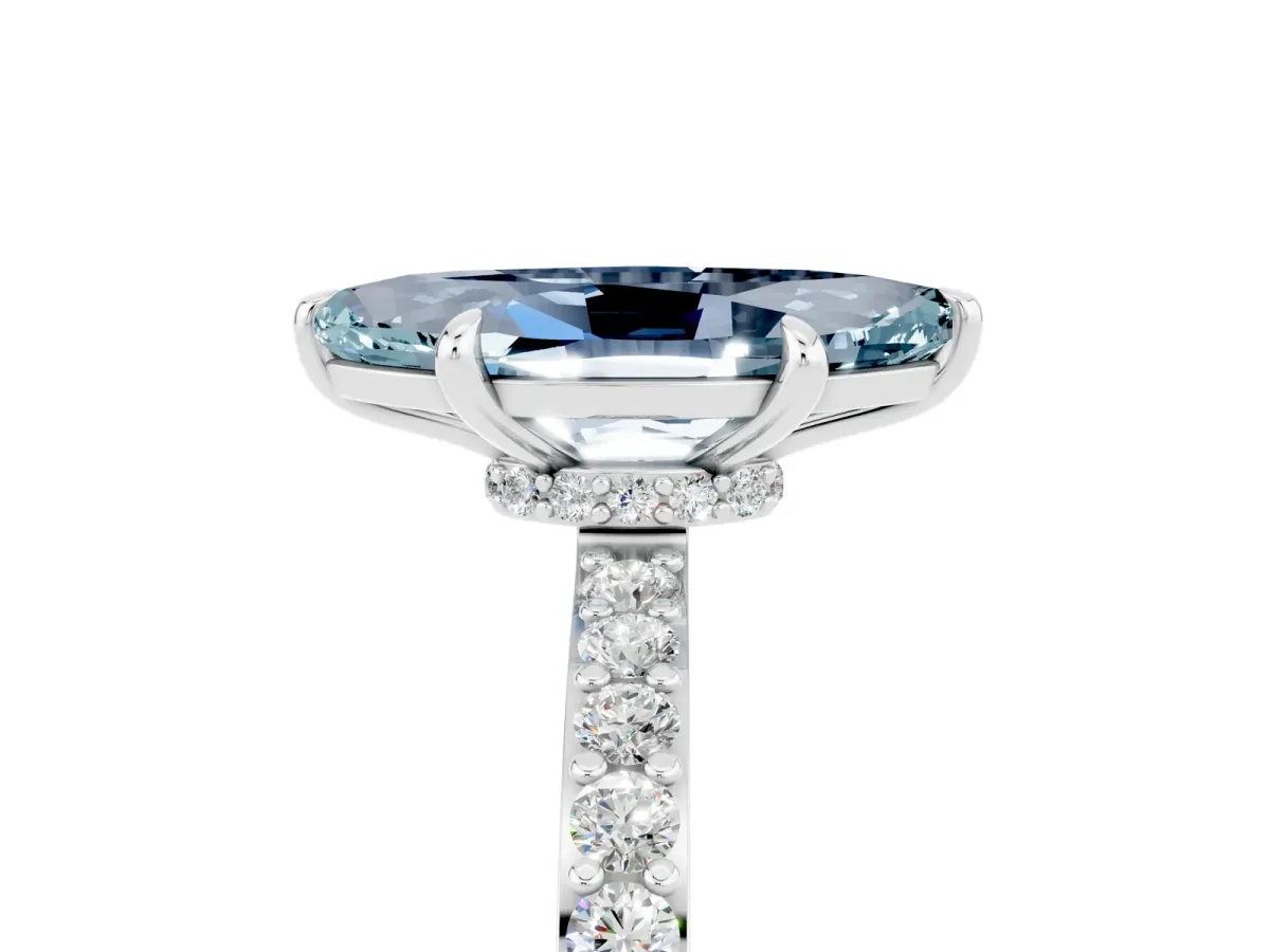 Marquise Cut Aquamarine Solitaire Engagement Ring with Pavé Band and Four-Prong Setting Platinum