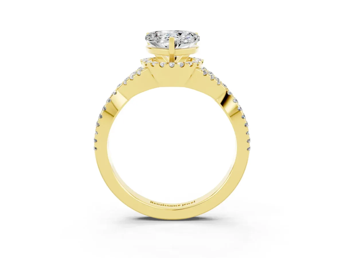 Heart Cut Moissanite Halo Twist Band Solitaire Prong Setting Ring Yellow gold