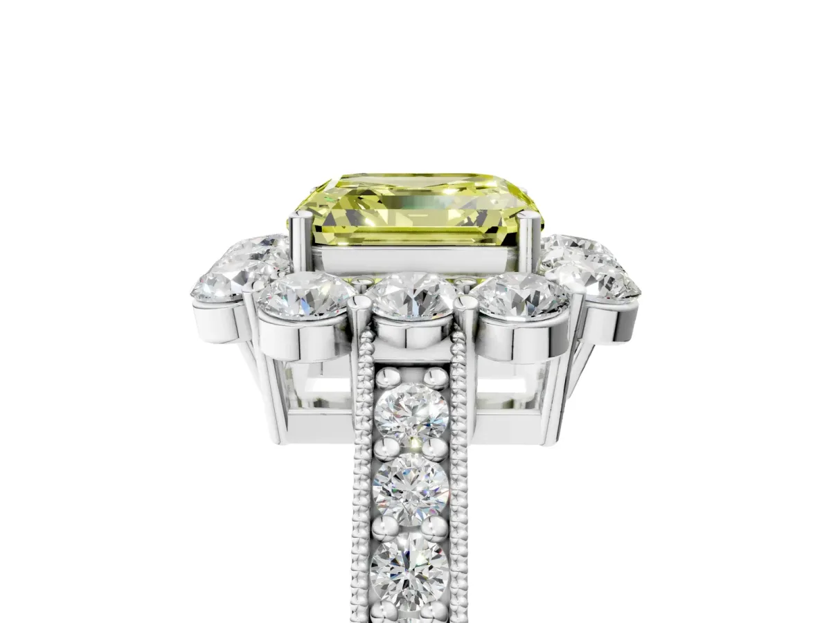 Fancy Yellow Asscher Cut Cut Halo Diamond Pavé Engagement Ring with Milgrain Detailing Platinum