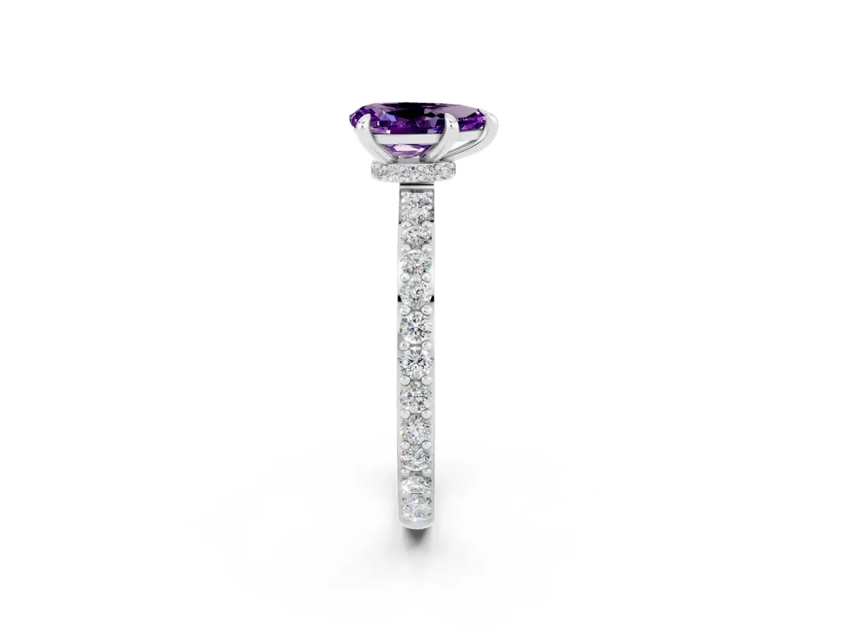 Pear Cut Amethyst Solitaire Engagement Ring with Pavé Band and Four-Prong Setting Silver