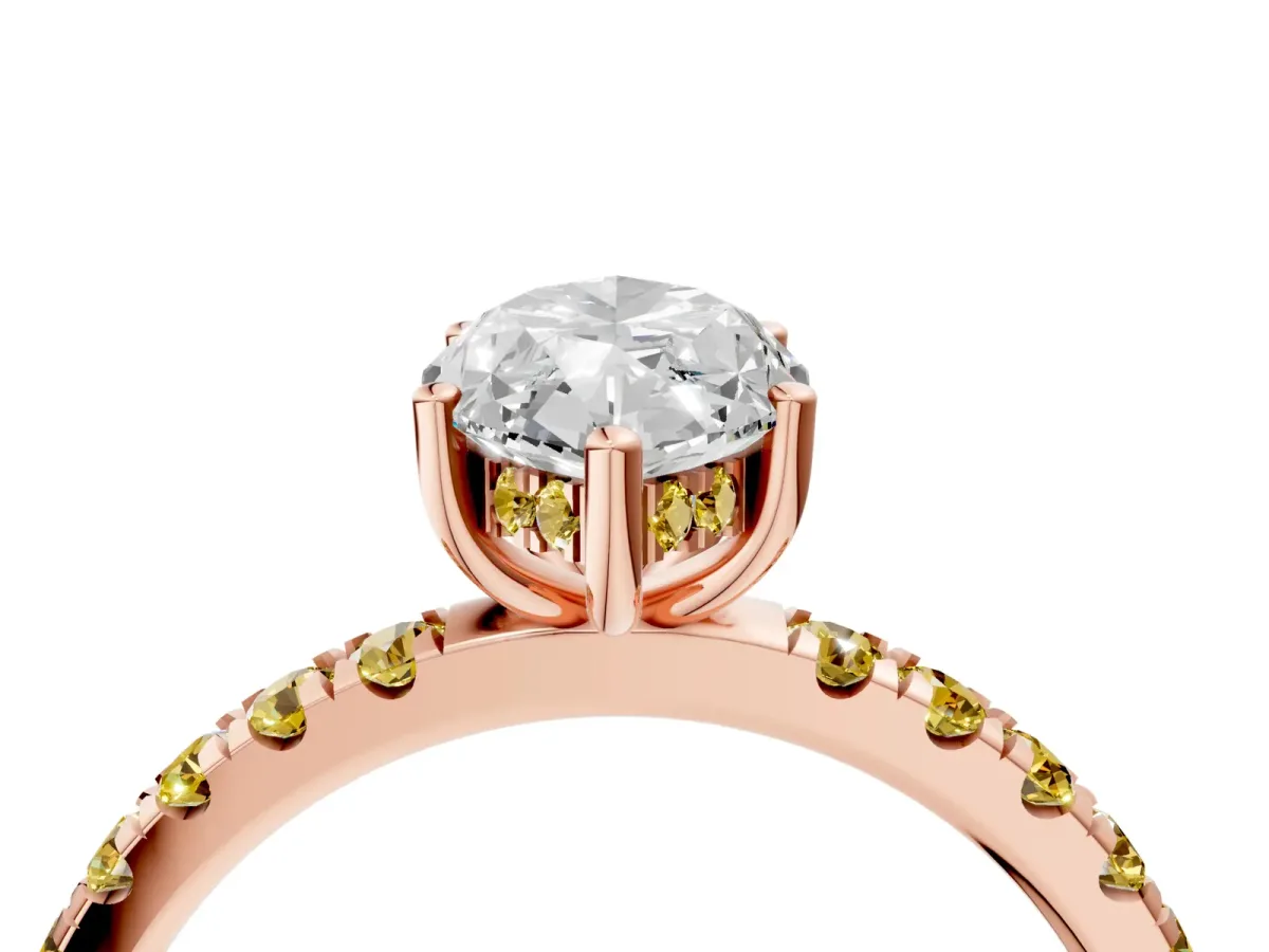 Marquise Cut Diamond Pave Band Solitaire Ring with Round Yellow Sapphire and Prong Setting Rose gold