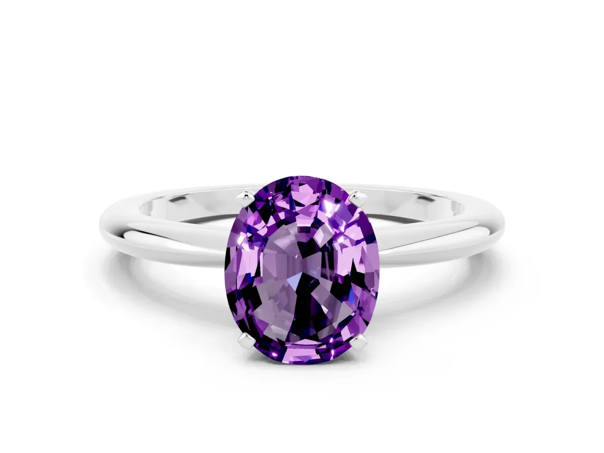 Oval Cut Amethyst Solitaire Ring with Six-Prong Setting and Classic Band Platinum
