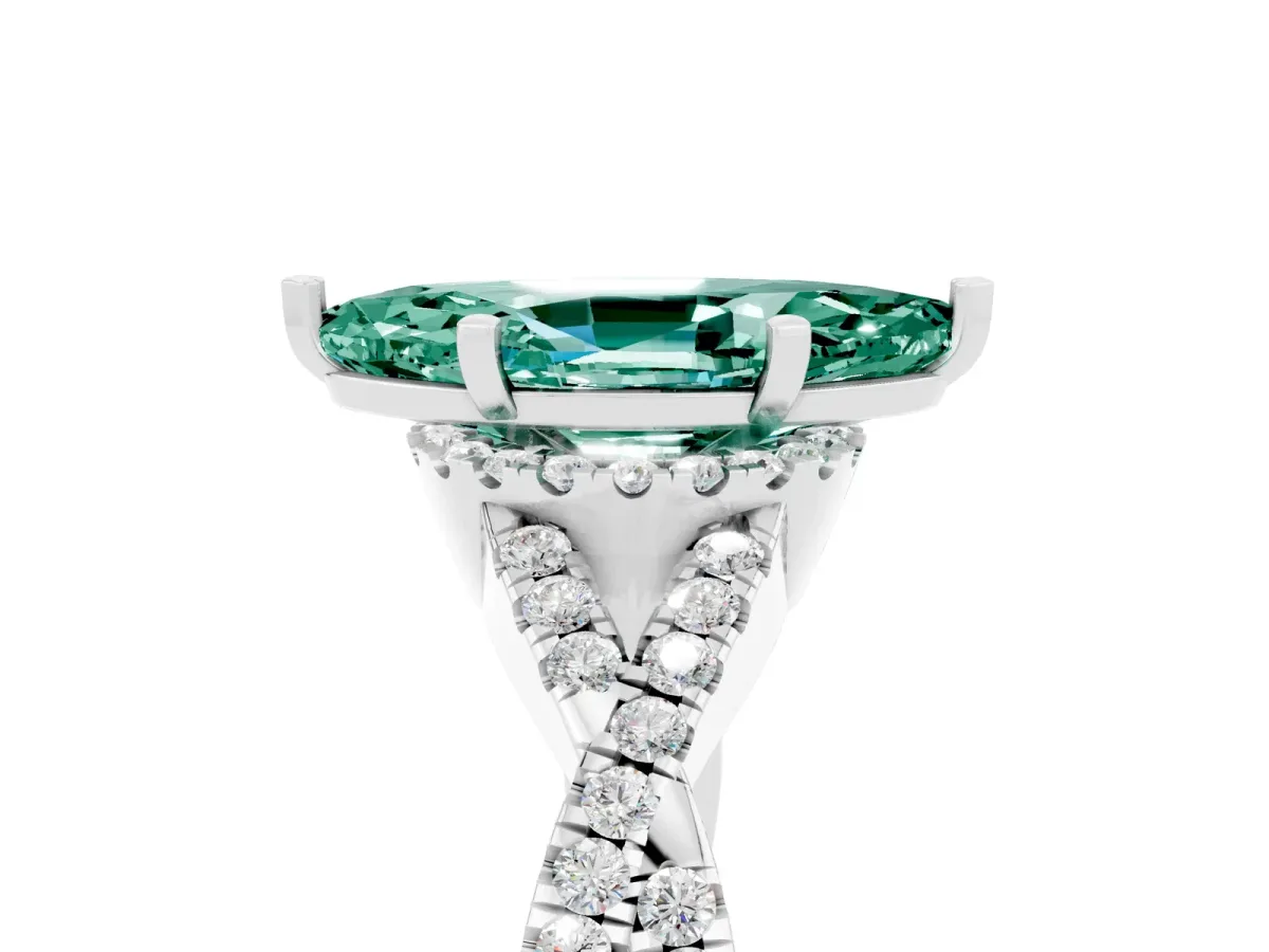 Marquise Cut Green Sapphire Halo Twist Band Solitaire Prong Setting Ring White gold