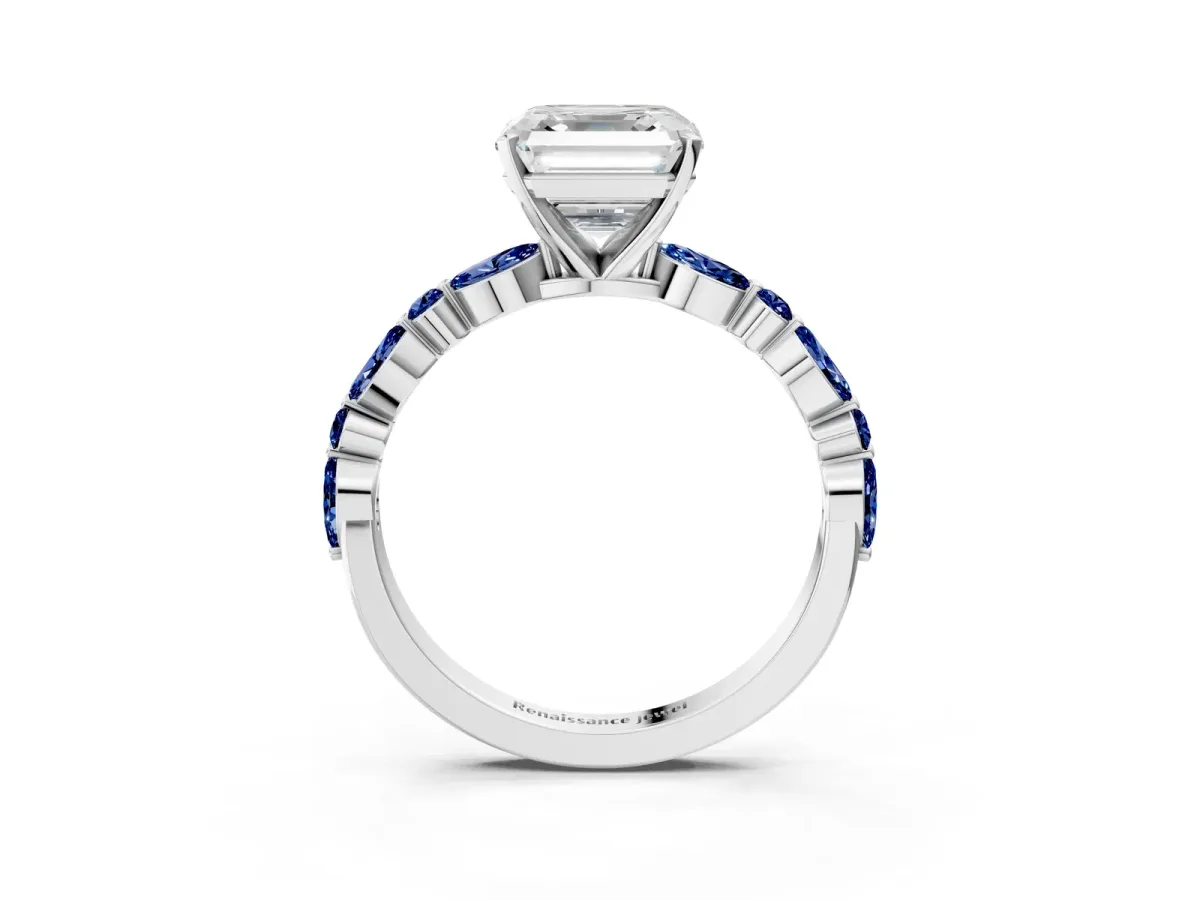 Asscher Cut Diamond Ring with Marquise and Round Blue Sapphire Side Stones and Four-Prong Setting White gold