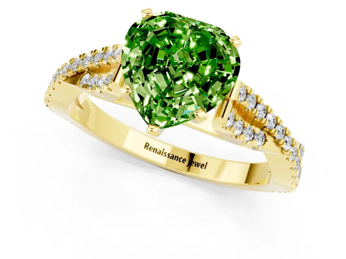 Heart Cut Peridot Solitaire Engagement Ring with Twisted Pavé Band and Four-Prong Setting Yellow gold